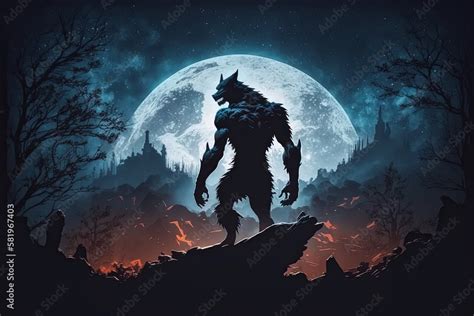 silhouette of werewolf on top of a cliff at night on full moon ...