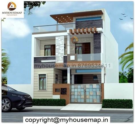 duplex home exterior design with parking and black color tiles