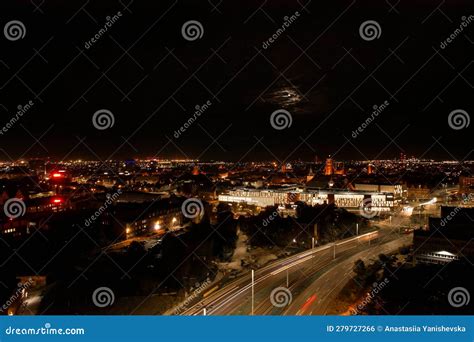 Top Down View To Road. Romantic Night Aerial Photo of Cars Traveling ...