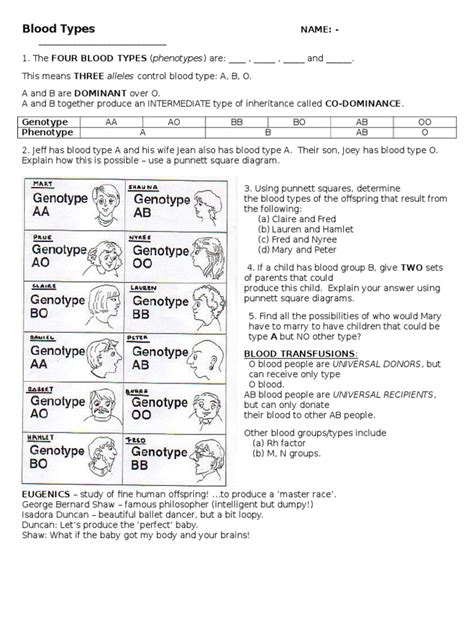 6 blood types worksheet | Blood Type | Serology