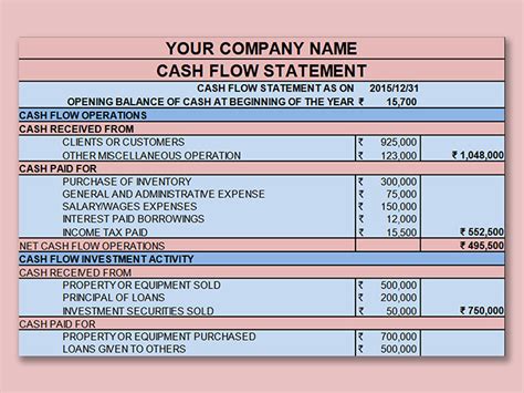 Sample Cash Flow Statement Excel Template