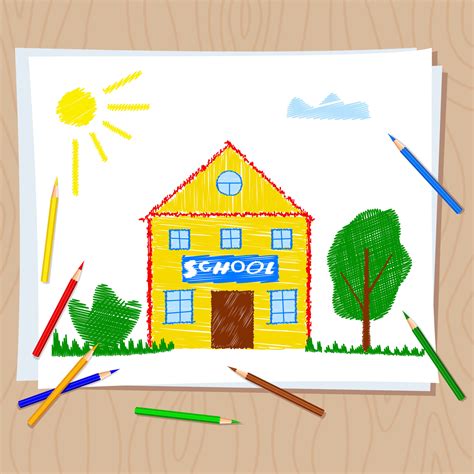 De vuelta a la escuela. dibujo infantil con lápices de colores sobre ...