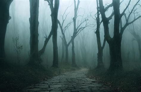 Landscape of haunted mist forest with pathway dark background, creepy ...