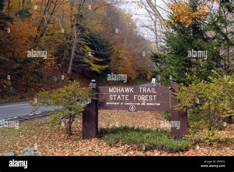 USA, Massachusetts, Mohawk Trail State Forest, sign by roadside Stock ...