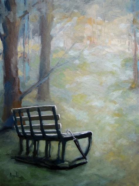 Park bench cool colors with umbrella landscape oil painting | Apple Arts