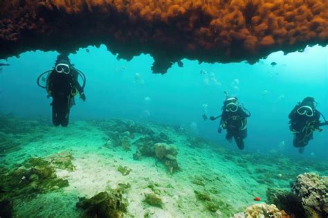 Premium Photo | Divers exploring ocean floor and underwater cave