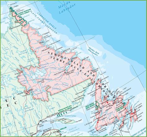 Large detailed map of Newfoundland and Labrador with cities and towns