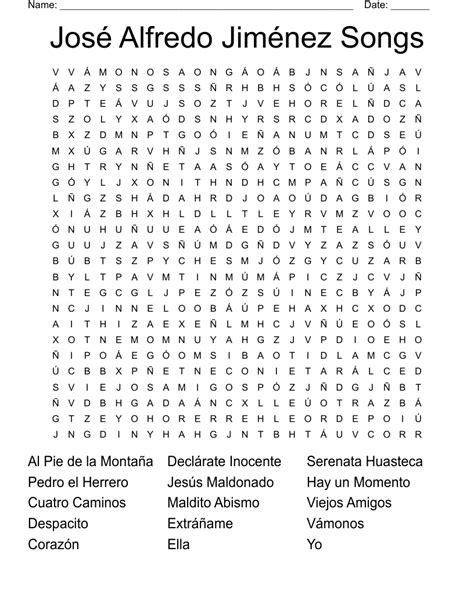 José Alfredo Jiménez Songs Word Search - WordMint