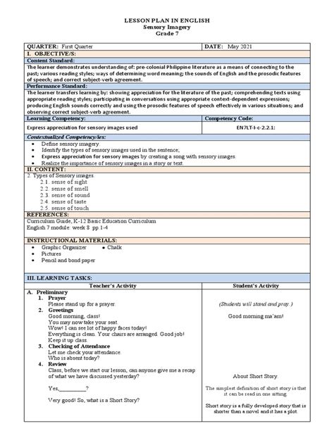 LESSON PLAN in Sensory Imagery | PDF | Senses | Perception