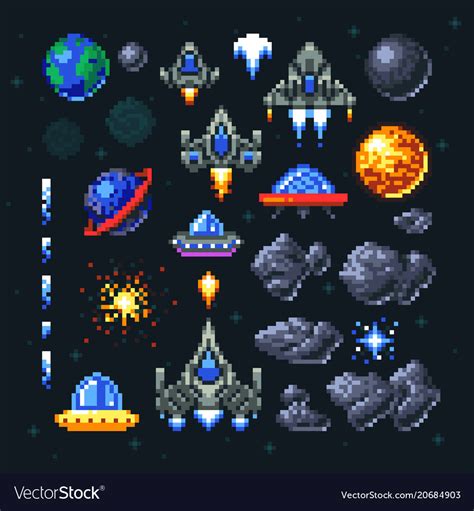 Retro space arcade game pixel elements invaders Vector Image