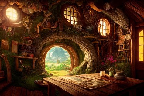 prompthunt: Surreal inside of a hobbit house in the Shire, isometric ...