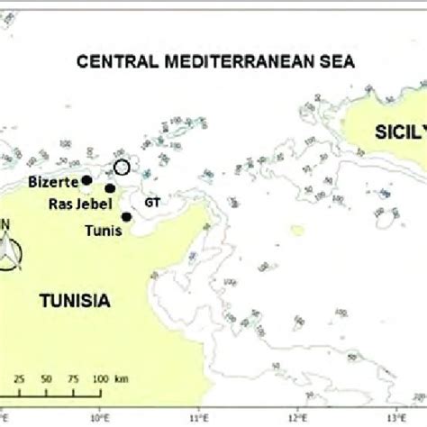 Map of the northern coast of Tunisia indicating (circle) the capture ...