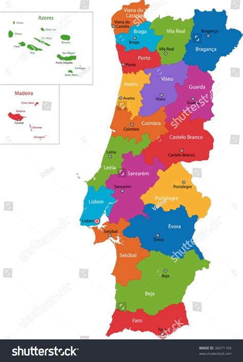 Colorful Portugal Map Regions Main Cities Stock Vector (Royalty Free ...