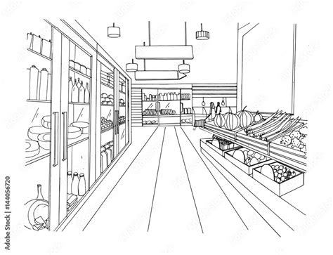 Supermarket interior hand drawn black and white illustration. Grocery ...