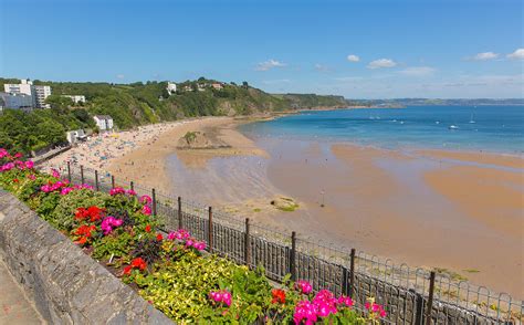 Tenby Beach Wales Uk In Summer With Tourists And Visitors Blue Sea And ...