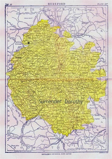 Hereford County England Map Antique Copper Engraving Vintage European ...