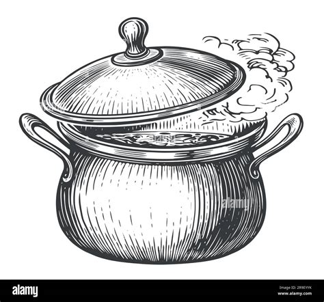 Kitchen pot. Boiling saucepan. Cooking pot with smoke in style of old ...