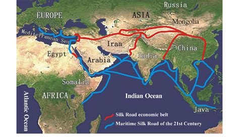 The new Silk Road. Red is the land-based route, which is referred as ...