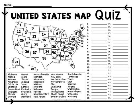 United States Map Quiz & Worksheet, USA Map Test w/ Practice Sheet, US ...