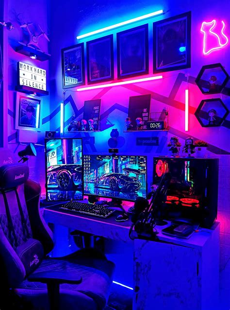 Gaming Setup, magenta, computer, gamingsetup, light, neon, night ...