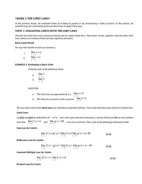 WEEK 3 THE Limit LAWS - Lecture notes 1 - WEEK 3 THE LIMIT LAWS In the ...