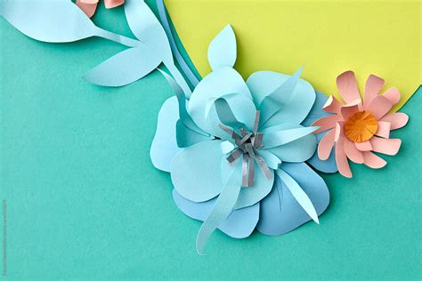 "Paper Origami With Blue Paper Flower And Handmade Leaves Of A Mu" by ...