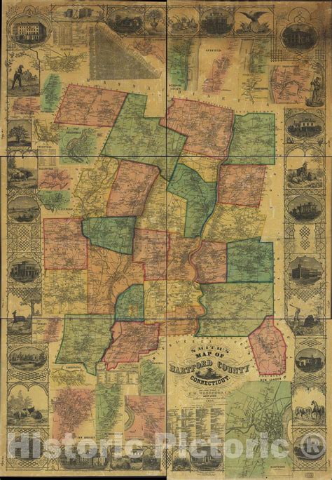 Historic 1855 Map - Smith's map of Hartford County, Connecticut. - 31in ...