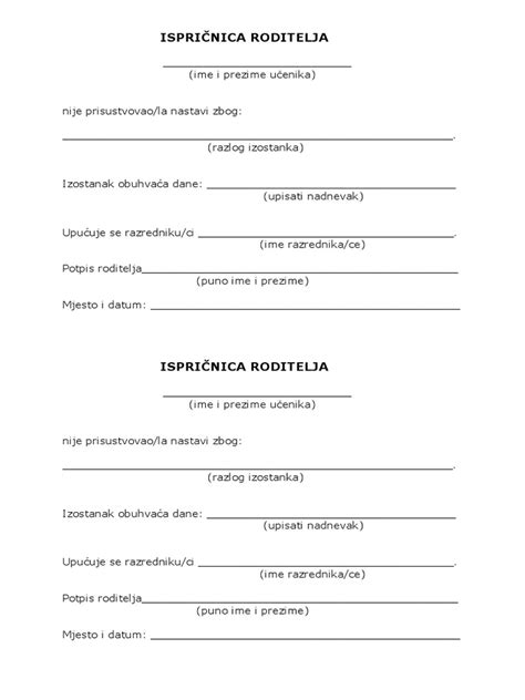 Ispričnica Roditelja | PDF