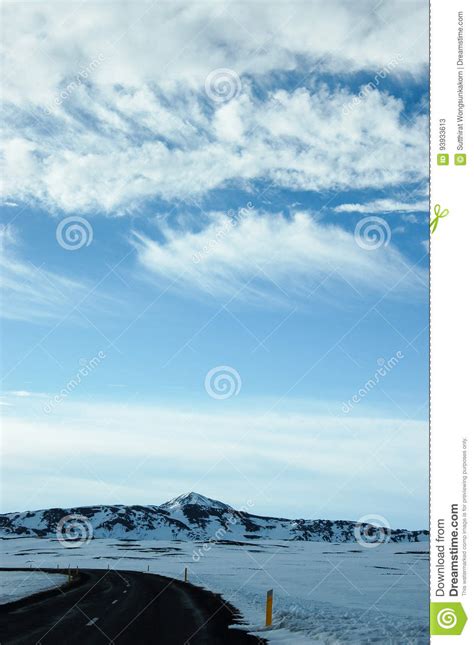 Lonely Black Road, Snow, Blue Sky, Iceland Stock Image - Image of snow ...