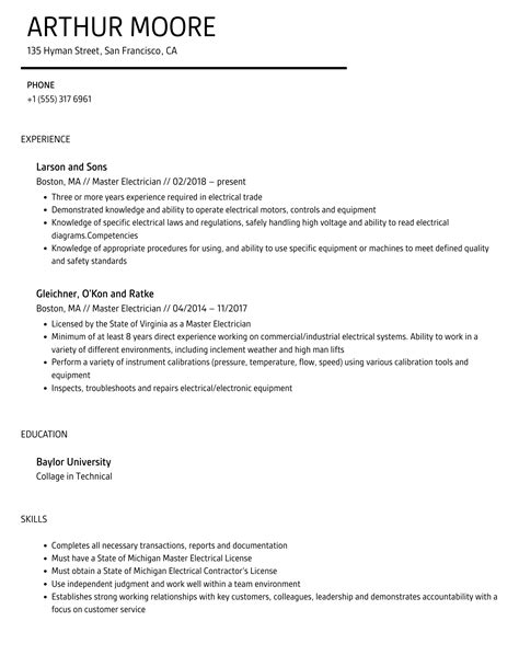 Master Electrician Resume Samples | Velvet Jobs