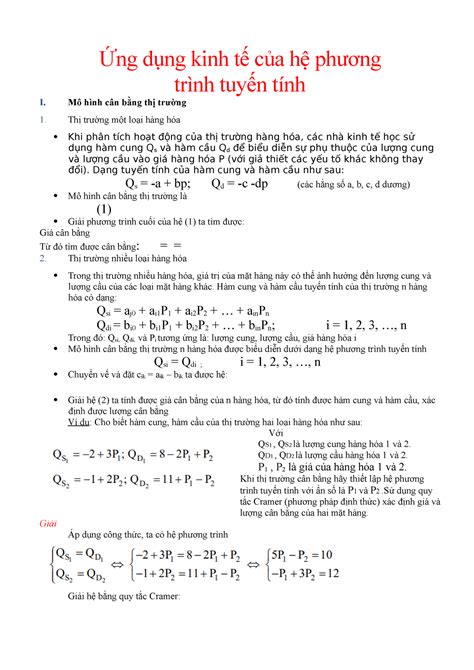 Ứng dụng kinh tế của hệ phương trình tuyến tính - Mô hình cân bằng thị ...