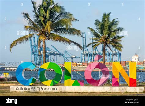 Colon sign and harbour, Colon, Colon Province, Republic of Panama Stock ...