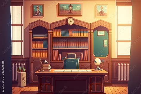 Principals Office In School With Desk, Chairs, Bookcase And Showcase ...