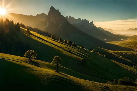 Premium AI Image | a sunset on a green mountain with a tree in the ...