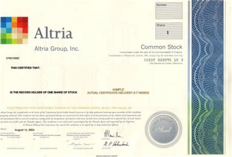 Shop Altria Stock Certificates | Buy One Share of Altria