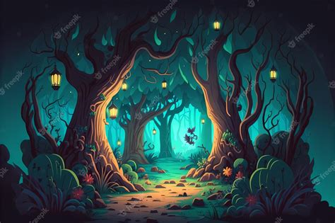 Premium Photo | Background mystical forest illustration, Cartoon Style ...