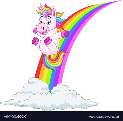 Cartoon unicorn sliding on a rainbow vector image on VectorStock ...