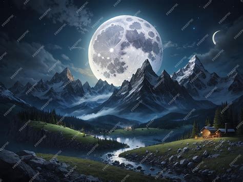 Premium Photo | Mountain night landscape with full moon