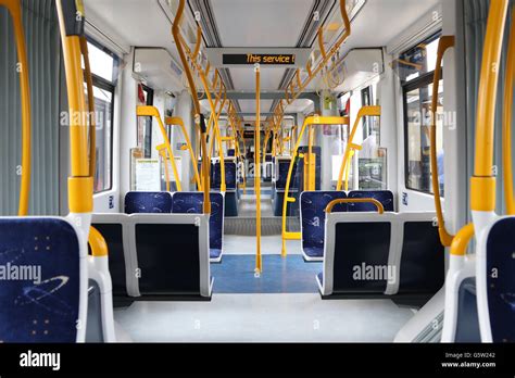 The interior of a modern tram running along the promenade in Blackpool ...