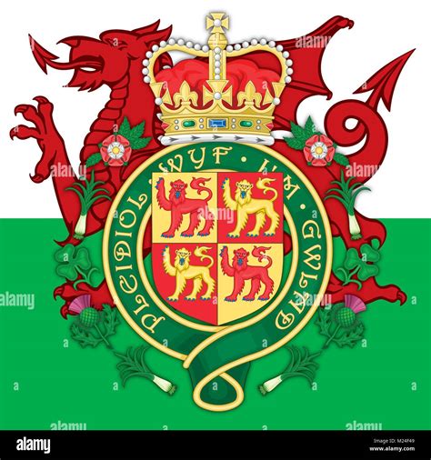 Wales coat of arms and flag, official symbols of the nation Stock ...