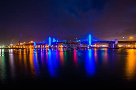 The Pearl Harbor Memorial Bridge at Night in New Haven, Connecticut ...