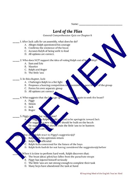 Lord of the Flies Chapter 8 Quiz | Teaching Resources