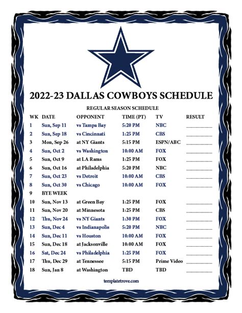 Printable 2022-2023 Dallas Cowboys Schedule