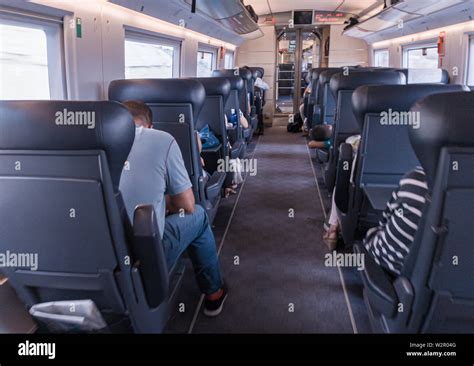 Interior of AVE train, which is a high-speed rail service in Spain ...