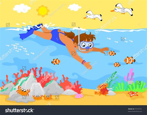 Girl Swimming Underwater Sea Creatures Cartoon: stockillustratie ...