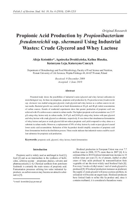 (PDF) Propionic Acid Production by Propionibacteriumfreudenreichii ssp ...