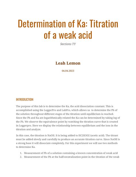 Determination of Ka: Titration of a weak acid - Determination of Ka ...