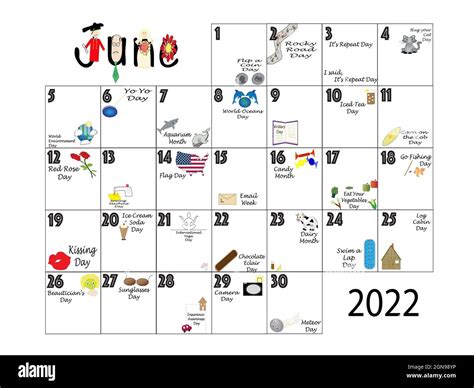 June 2022 illustrated monthly calendar of quirky holidays and unusual ...