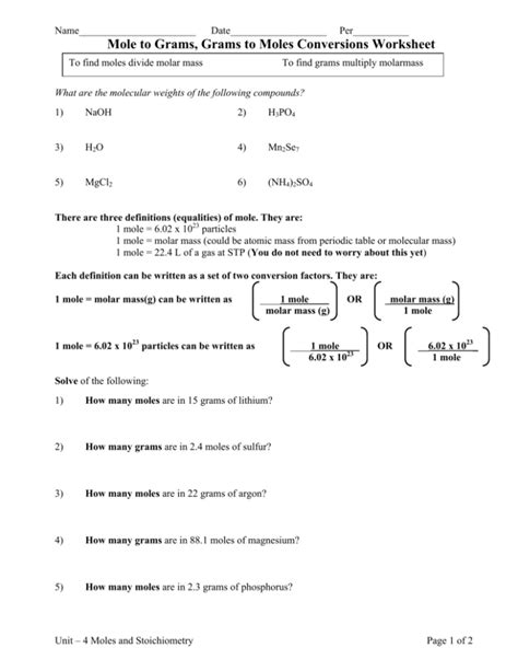 Mole Calculations worksheet