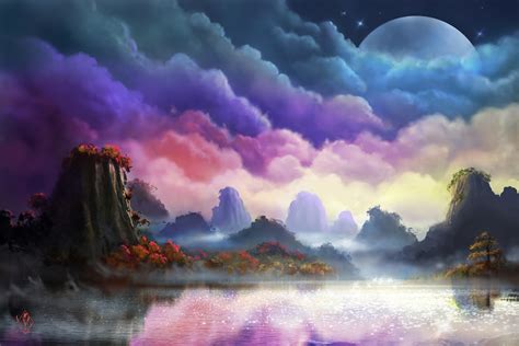 Moon, Landscape, Painting Wallpapers HD / Desktop and Mobile Backgrounds